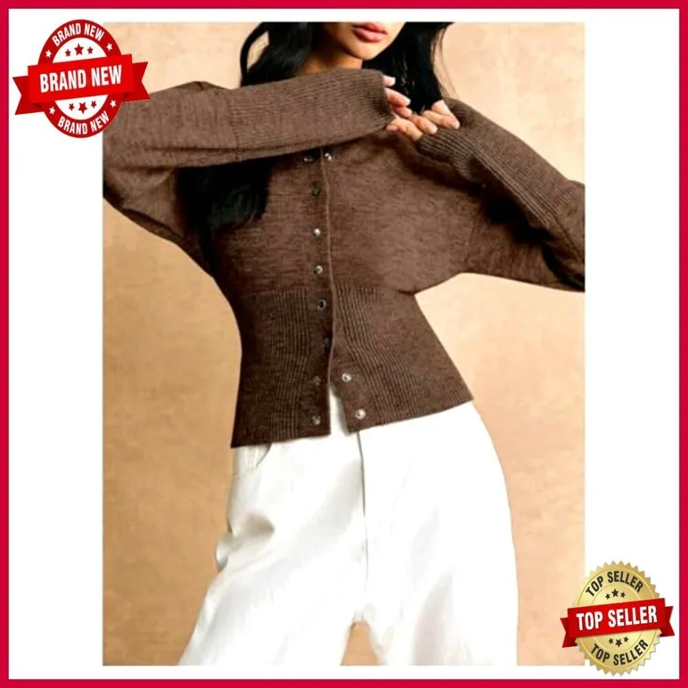Button Up Cropped Cardigan Sweater Cinched Waist Long Sleeve Knitwear Top_3